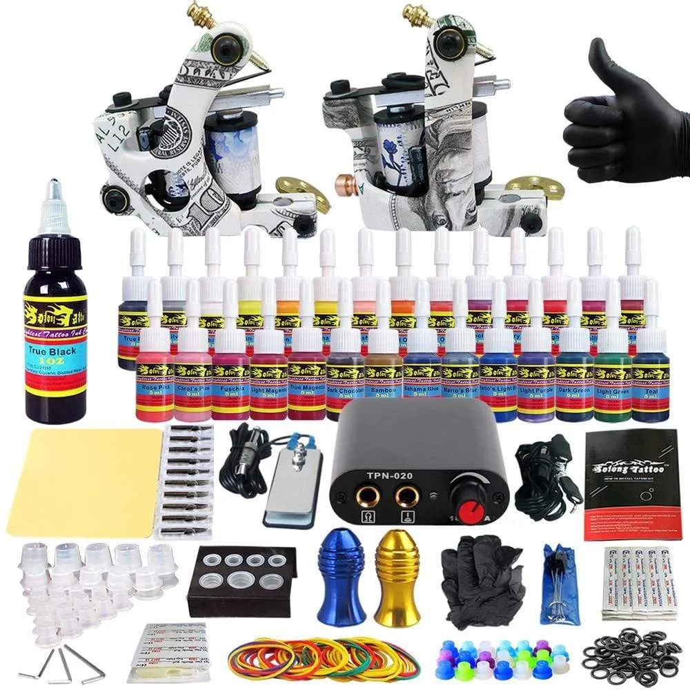 1 Set Tattoo Kit 28 Inks Power Supply Needle Grips Tips Complete Tattoo Machine Set for Beginner Starter 2 Pro Machine Guns