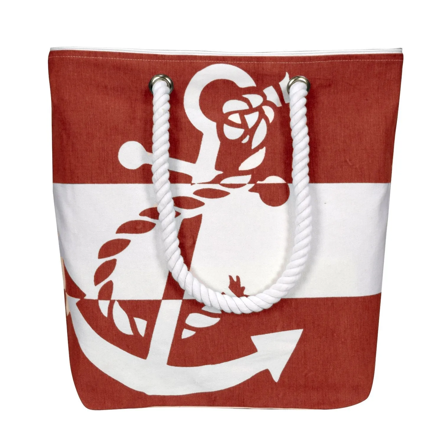 100% Cotton Anchor Print Canvas Beach Tote - Red