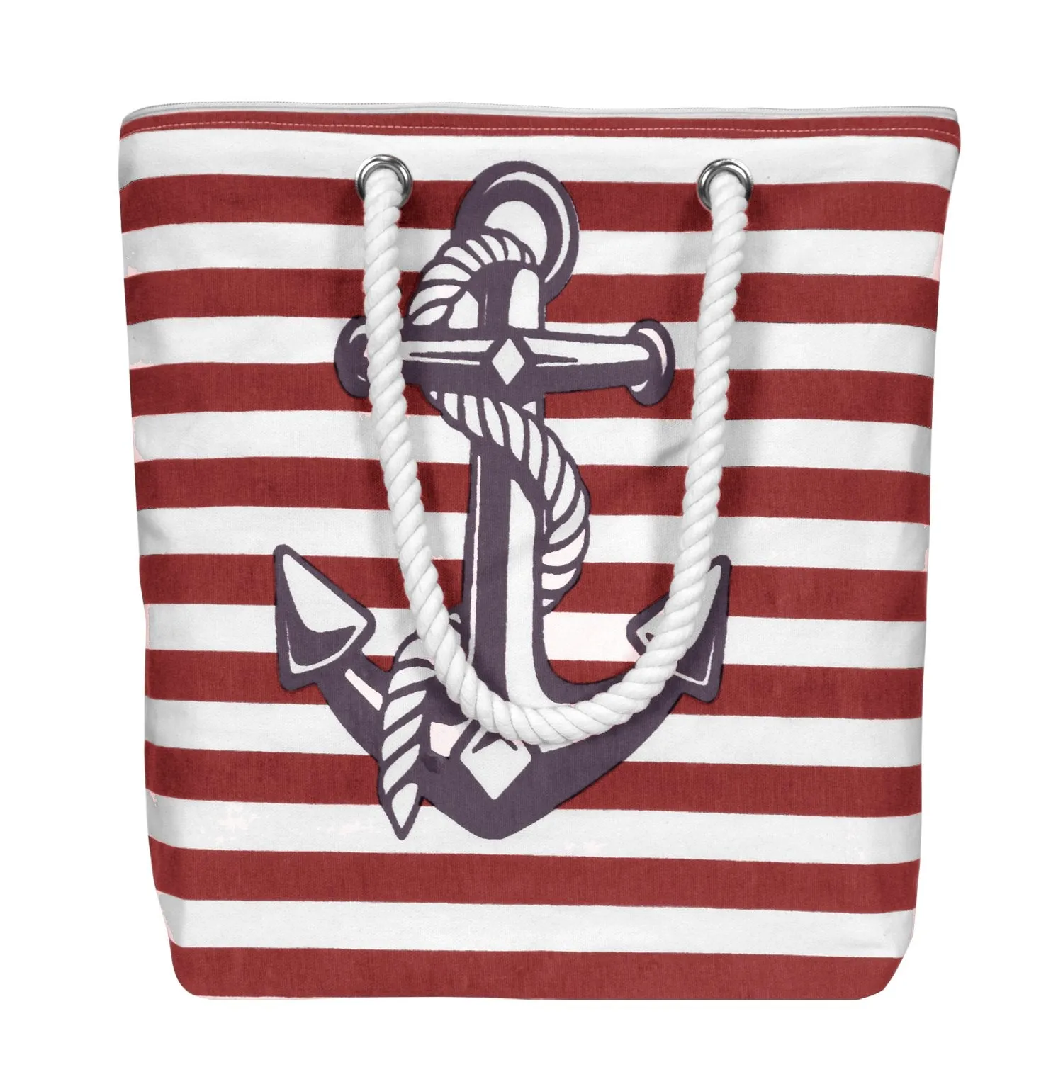 100% Cotton Anchor Print Canvas Beach Tote - Red