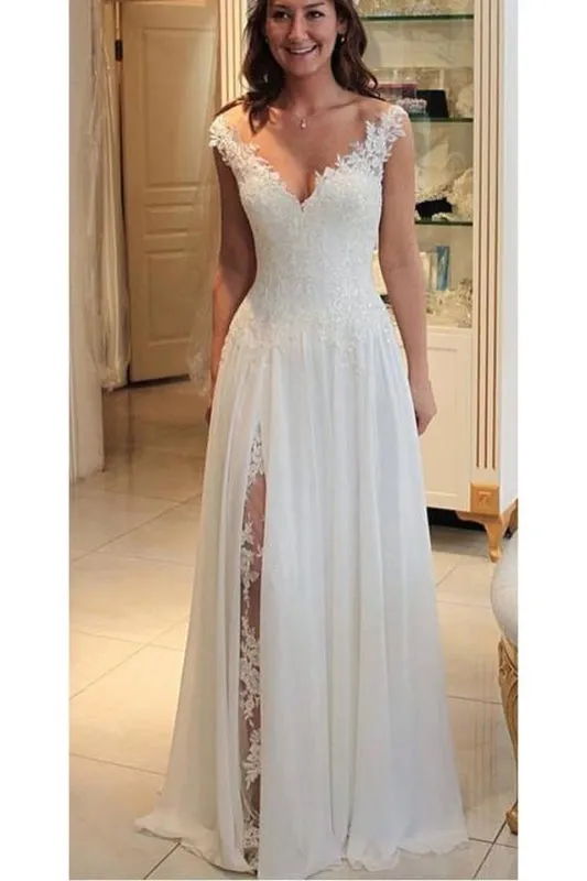 A Line Chiffon Beach Long Flowy Lace Wedding Dress