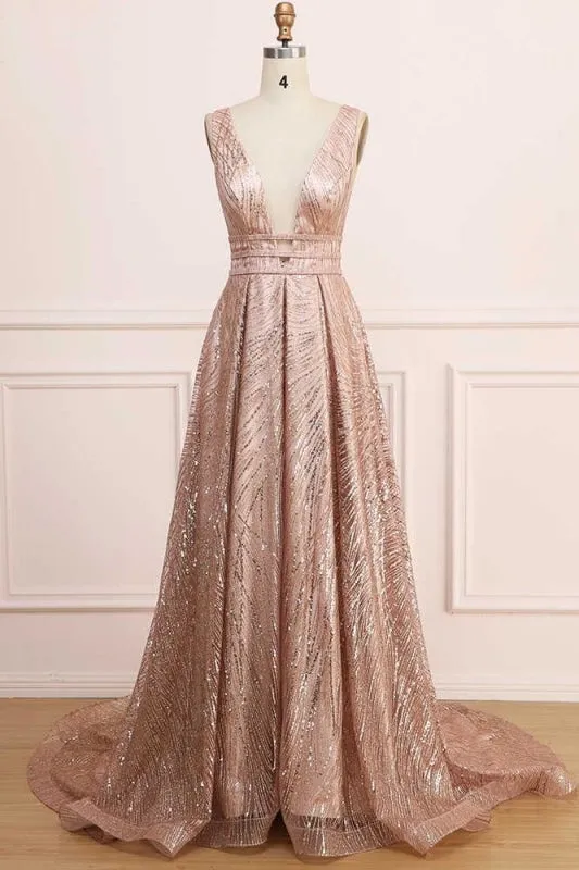 A Line Deep V Neck Long Prom with Sequins Glitter Sleeveless Evening Dress