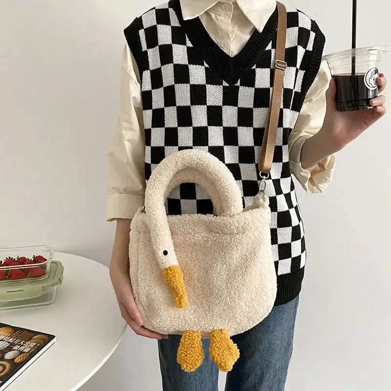 Aesthetic Swan Plush Tote Wrist CrossBody Handbag