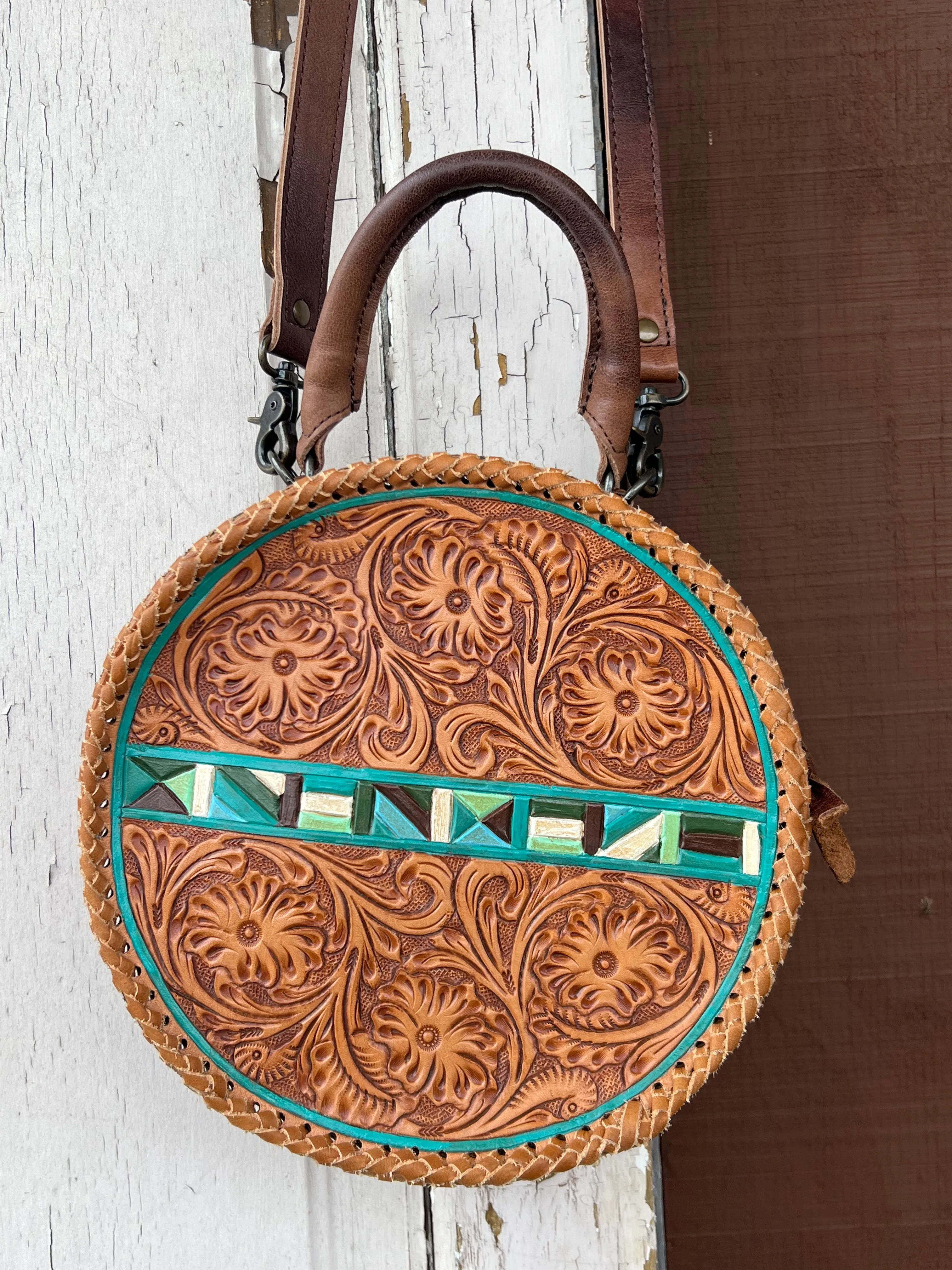 American Darling Round Brown Tooled Leather Purse with Painted Accents ADBG1025A