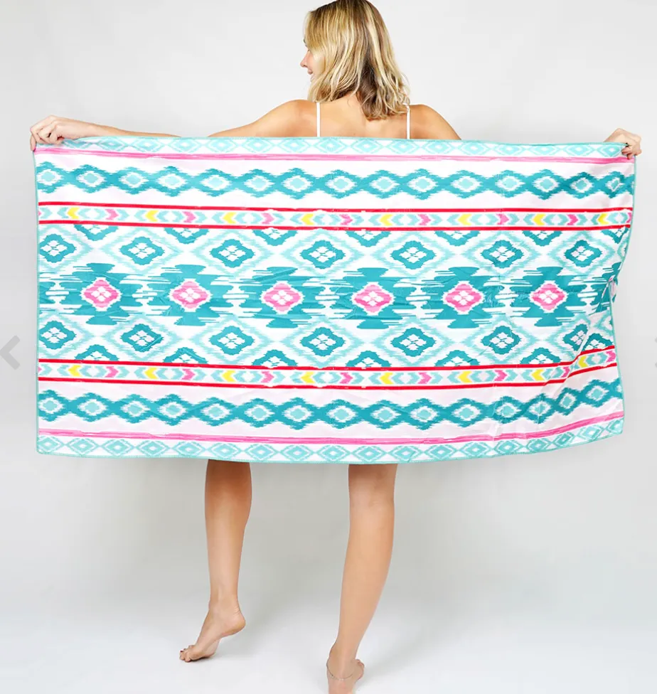 Aqua Aztec Printed Beach Towel and Tote Bag