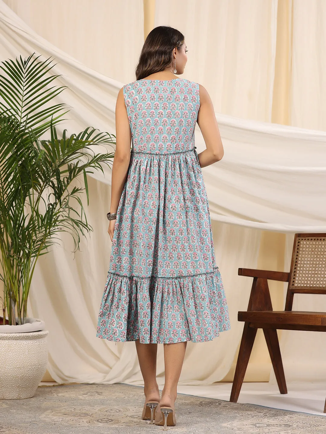 Aqua Blue Handblock Printed Cotton Dress