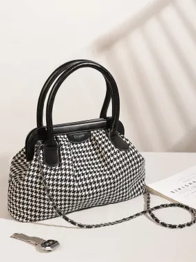 Berrylush Women Black & White Checked Pattern PU Fabric Embellished Structured Regular Casual Handbag