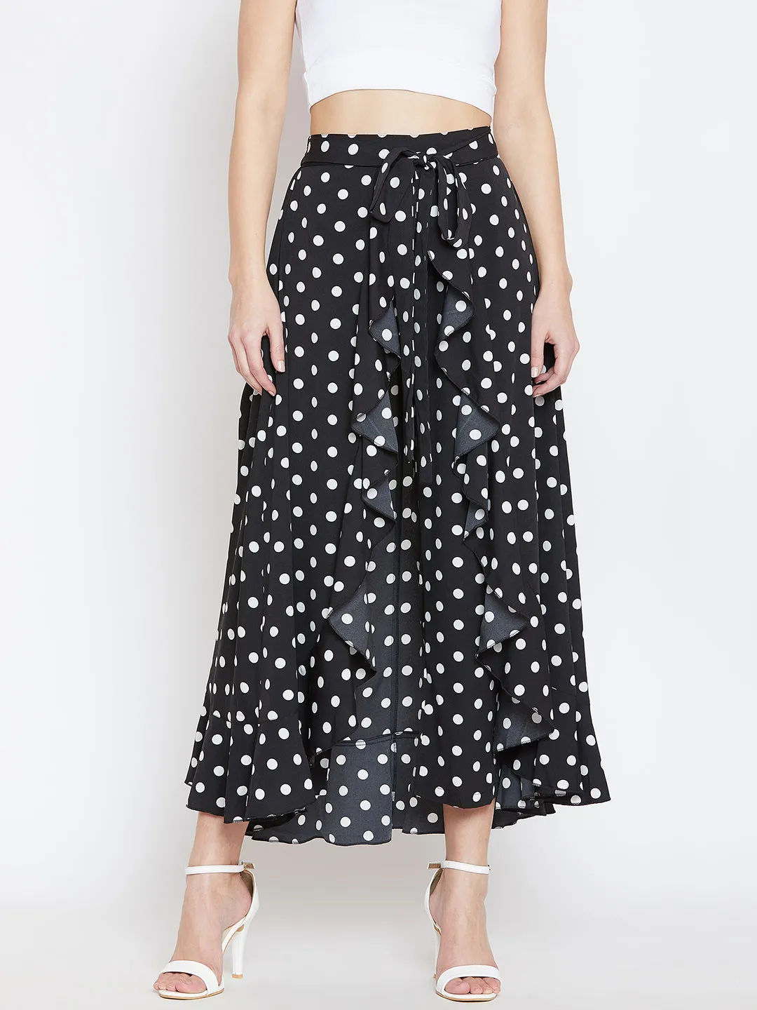 Berrylush Women Black & White Polka Dot Printed Drawstring Thigh-High Slit Ruffled Maxi Skirt with Attached Palazzo