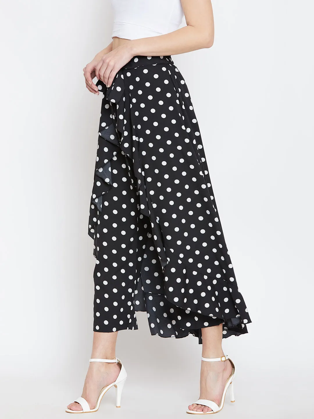 Berrylush Women Black & White Polka Dot Printed Drawstring Thigh-High Slit Ruffled Maxi Skirt with Attached Palazzo