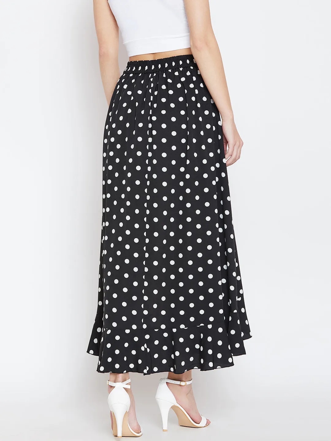 Berrylush Women Black & White Polka Dot Printed Drawstring Thigh-High Slit Ruffled Maxi Skirt with Attached Palazzo