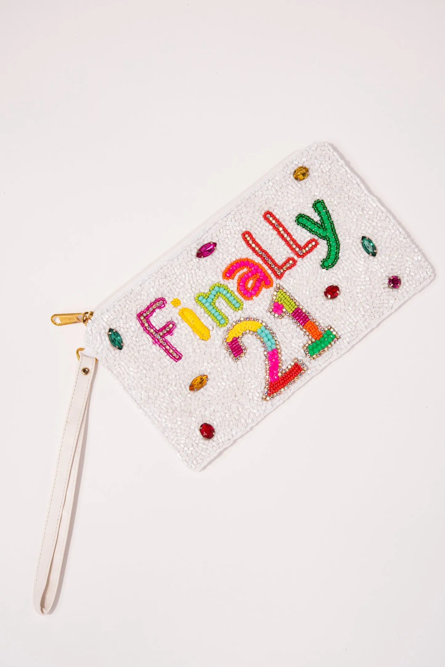 Birthday "Finally 21" Seed Beaded Wristlet - White