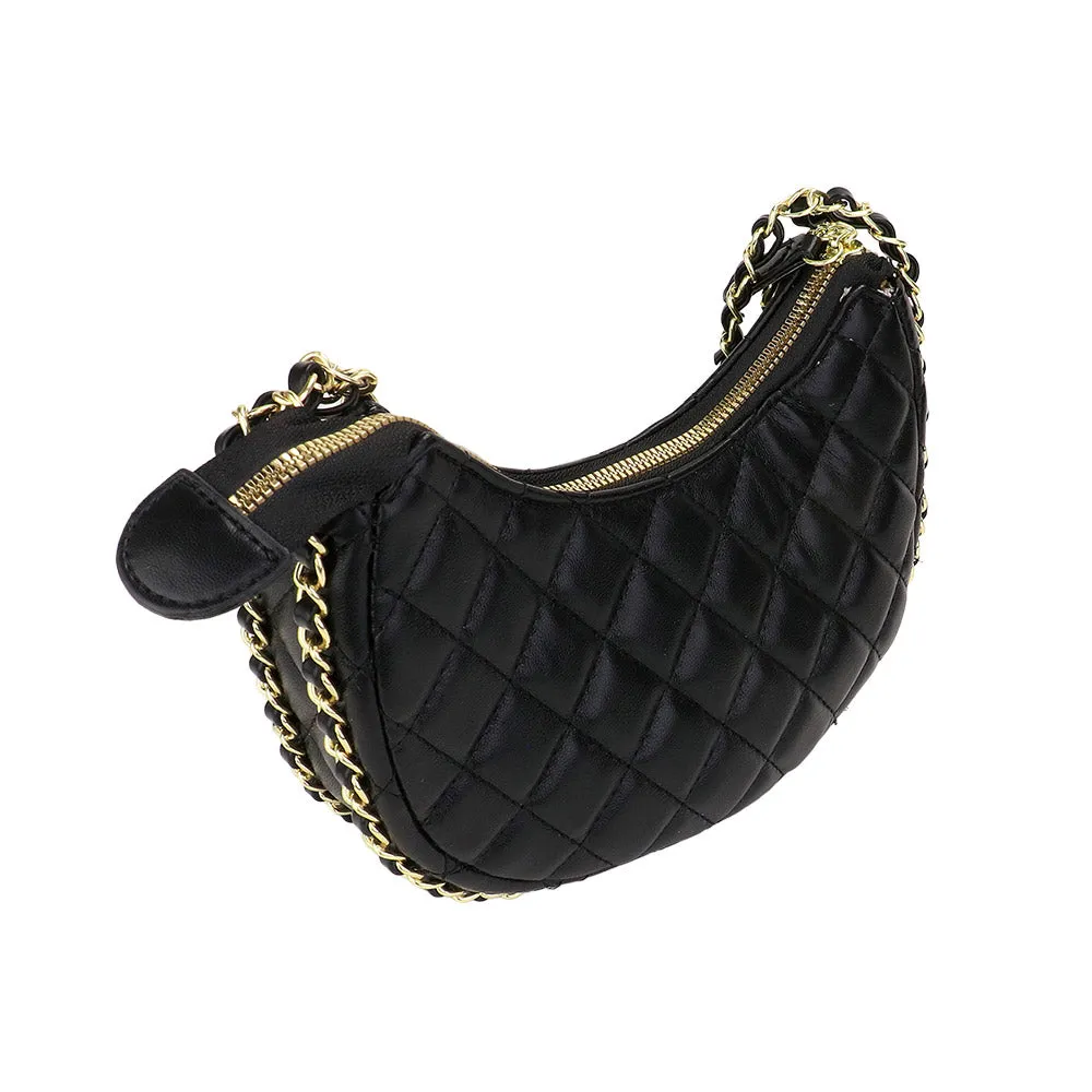 Black Faux Leather Quilted Chain Strap Crossbody Bag