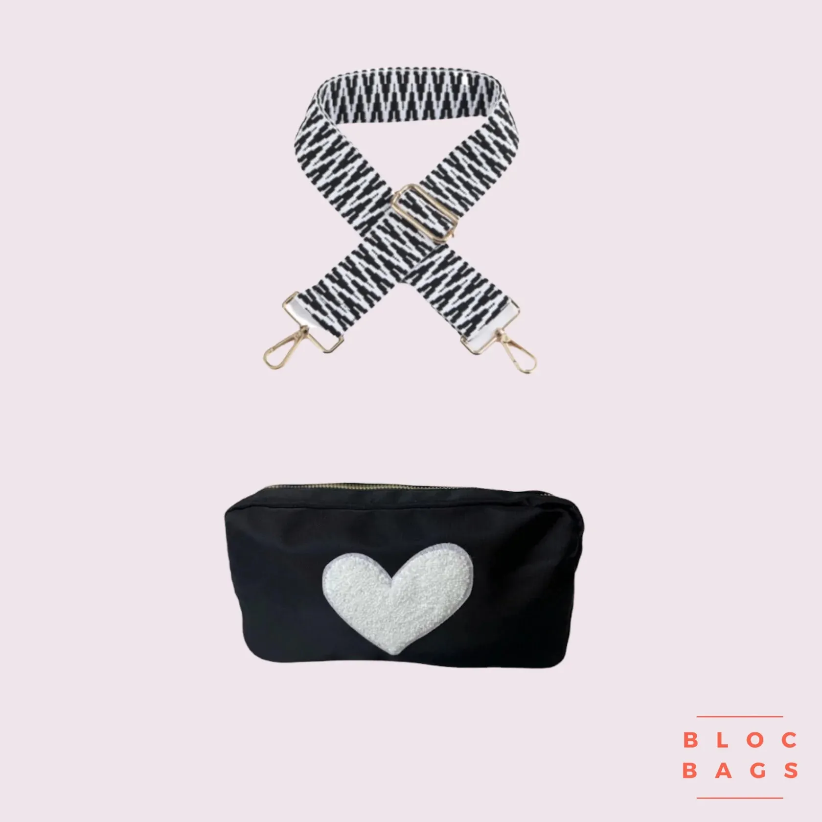 Black Heart Crossbody Bag with Black   White Strap