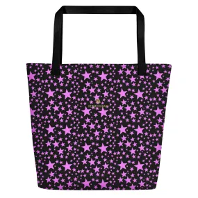 Black Pink Star Beach Bag, Star Pattern Large 16"x20" Shopping Bag - Made in USA/EU