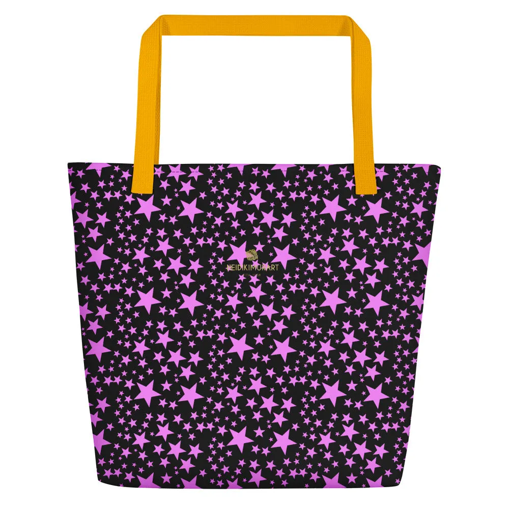 Black Pink Star Beach Bag, Star Pattern Large 16"x20" Shopping Bag - Made in USA/EU