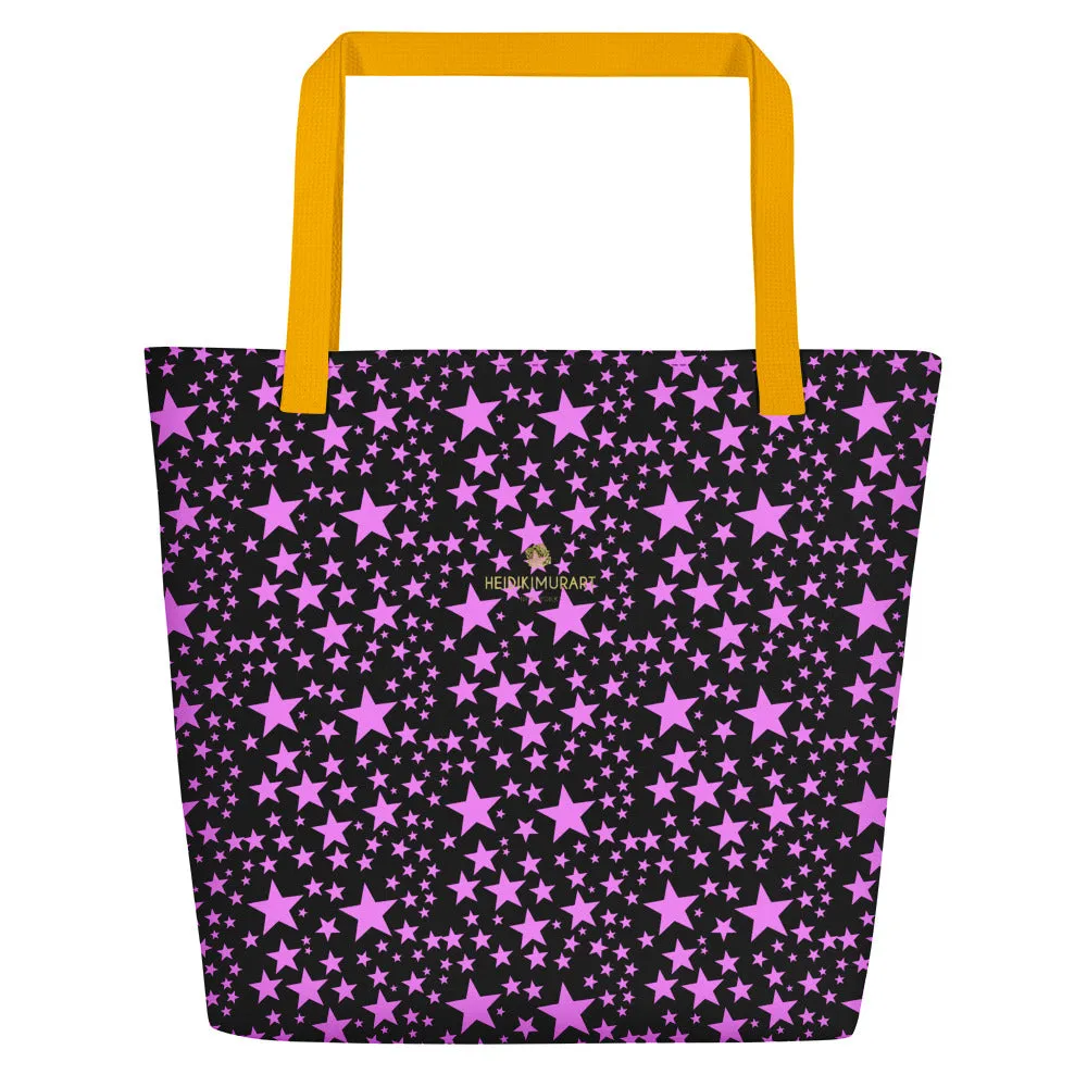 Black Pink Star Beach Bag, Star Pattern Large 16"x20" Shopping Bag - Made in USA/EU