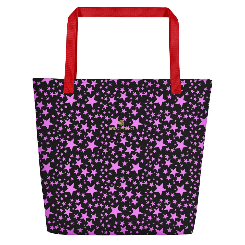 Black Pink Star Beach Bag, Star Pattern Large 16"x20" Shopping Bag - Made in USA/EU