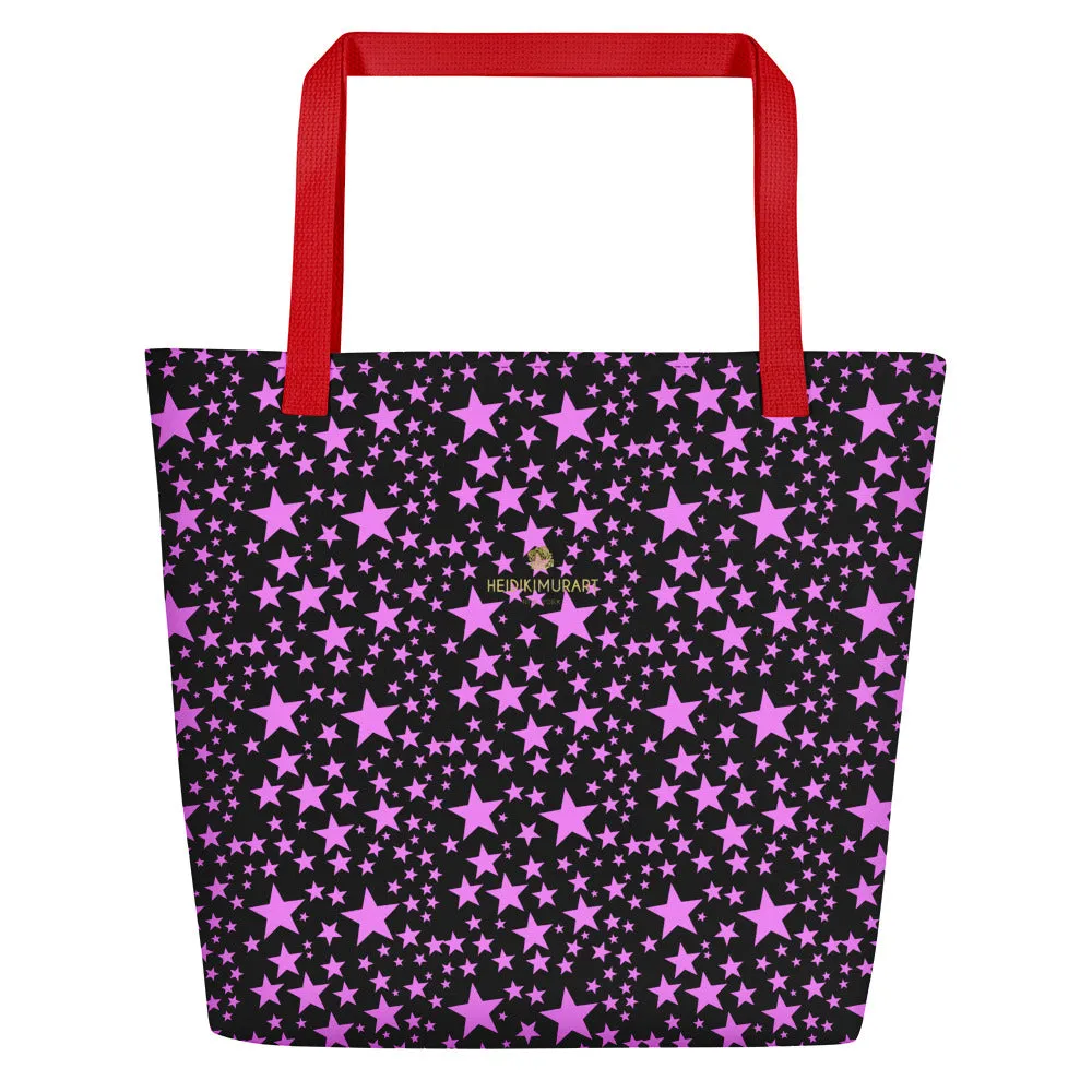 Black Pink Star Beach Bag, Star Pattern Large 16"x20" Shopping Bag - Made in USA/EU