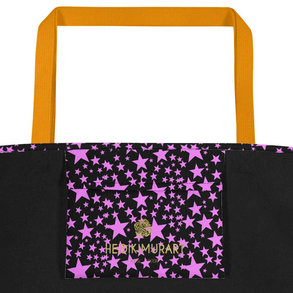 Black Pink Star Beach Bag, Star Pattern Large 16"x20" Shopping Bag - Made in USA/EU