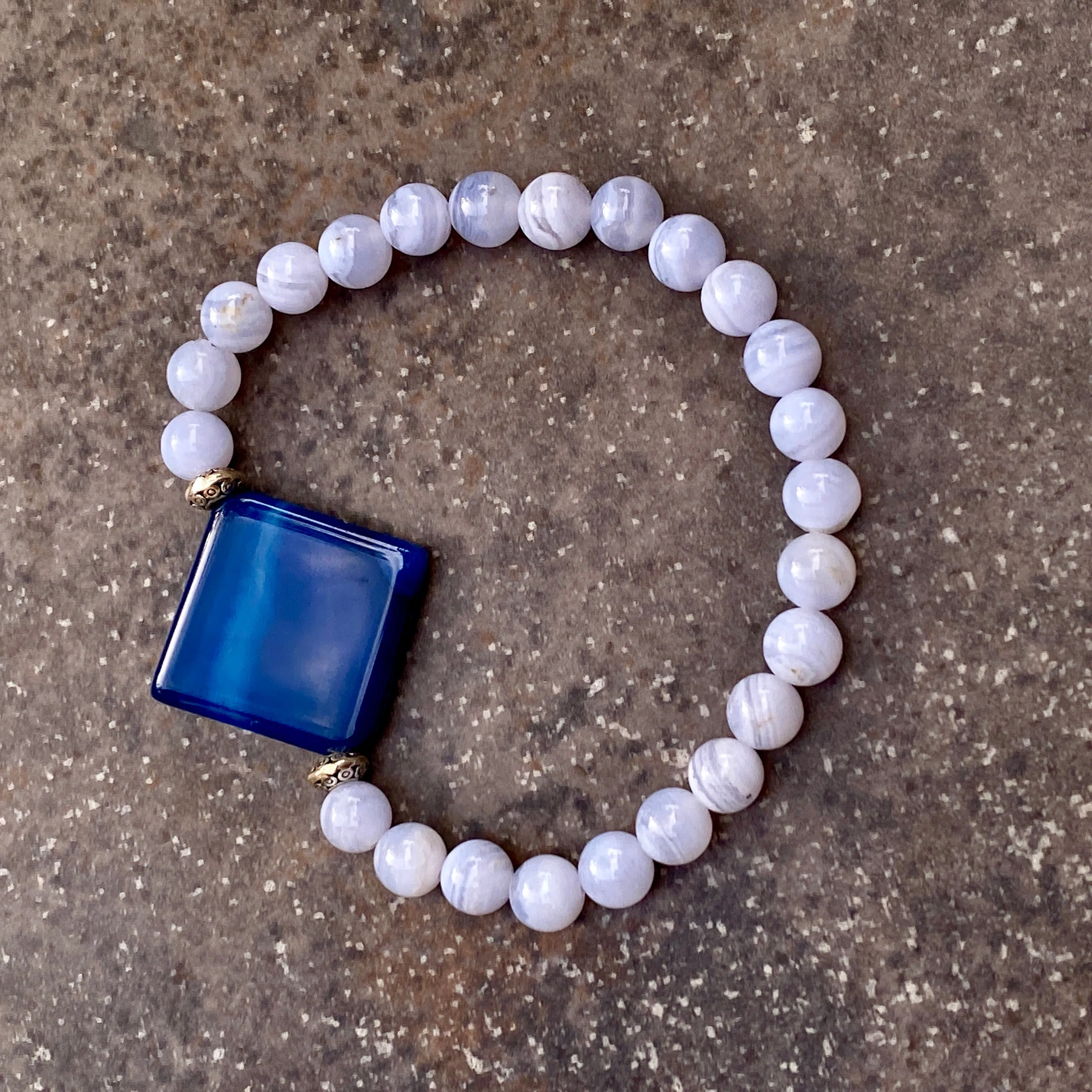 Blue Agate, Blue Lace Agate, Sterling Silver Stretch Bracelet