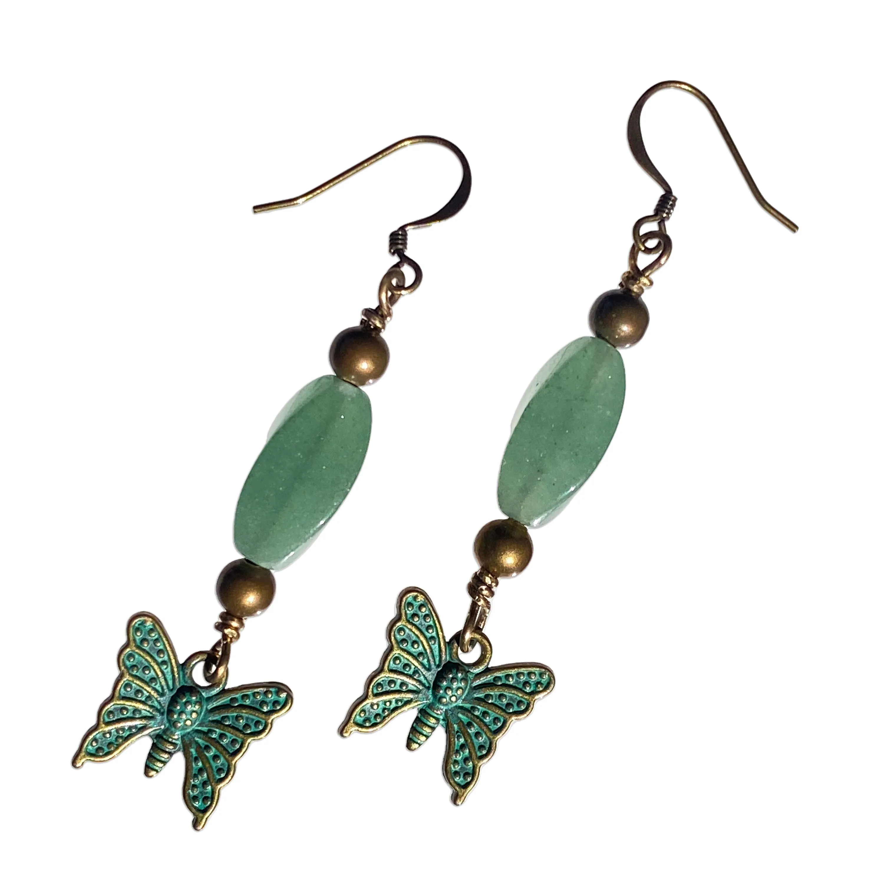 Brass and Green Aventurine gemstone with Butterflies Dangle Earrings