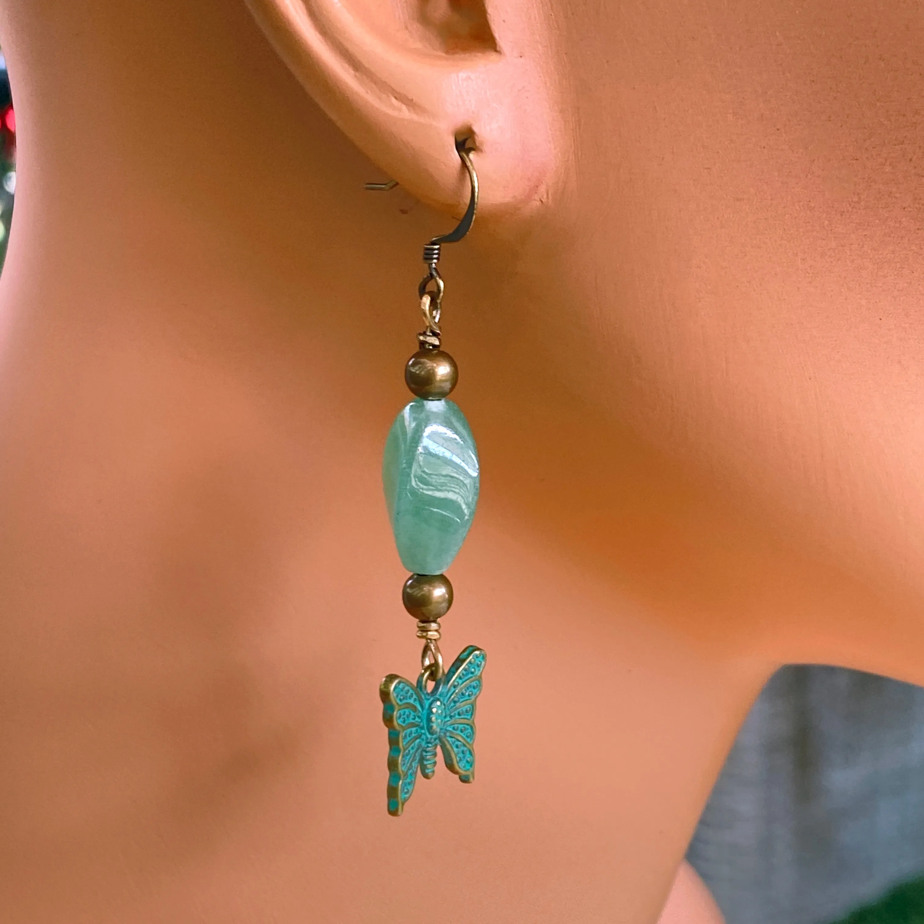 Brass and Green Aventurine gemstone with Butterflies Dangle Earrings