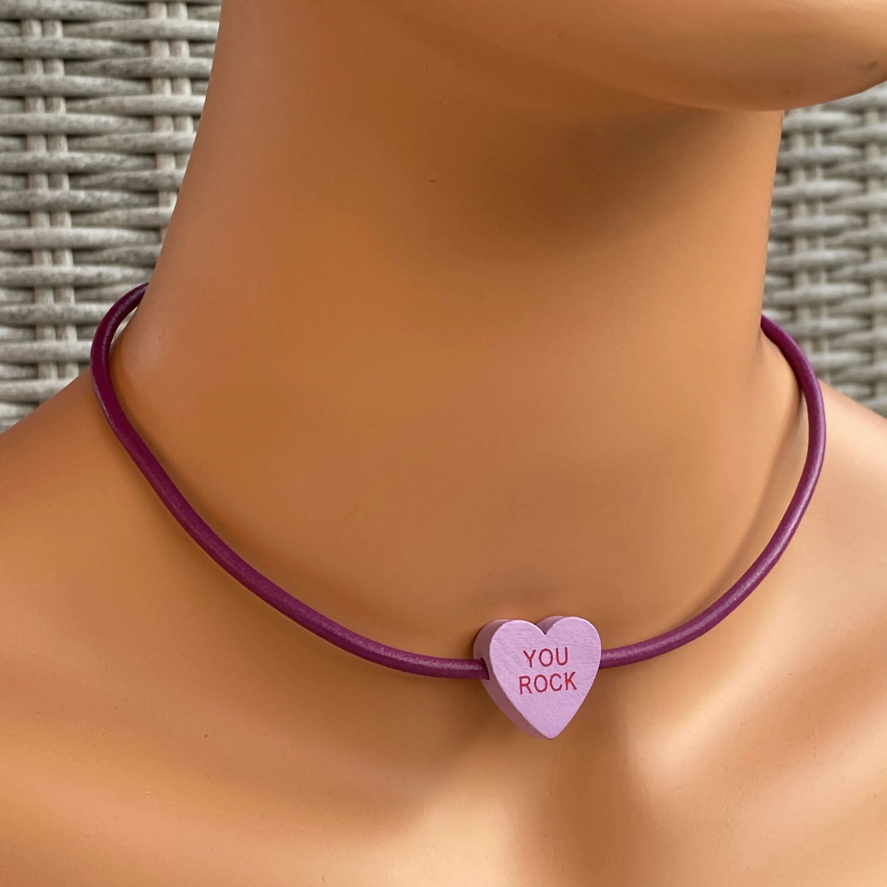 Candy Heart Valentine's Phrase Leather Necklace