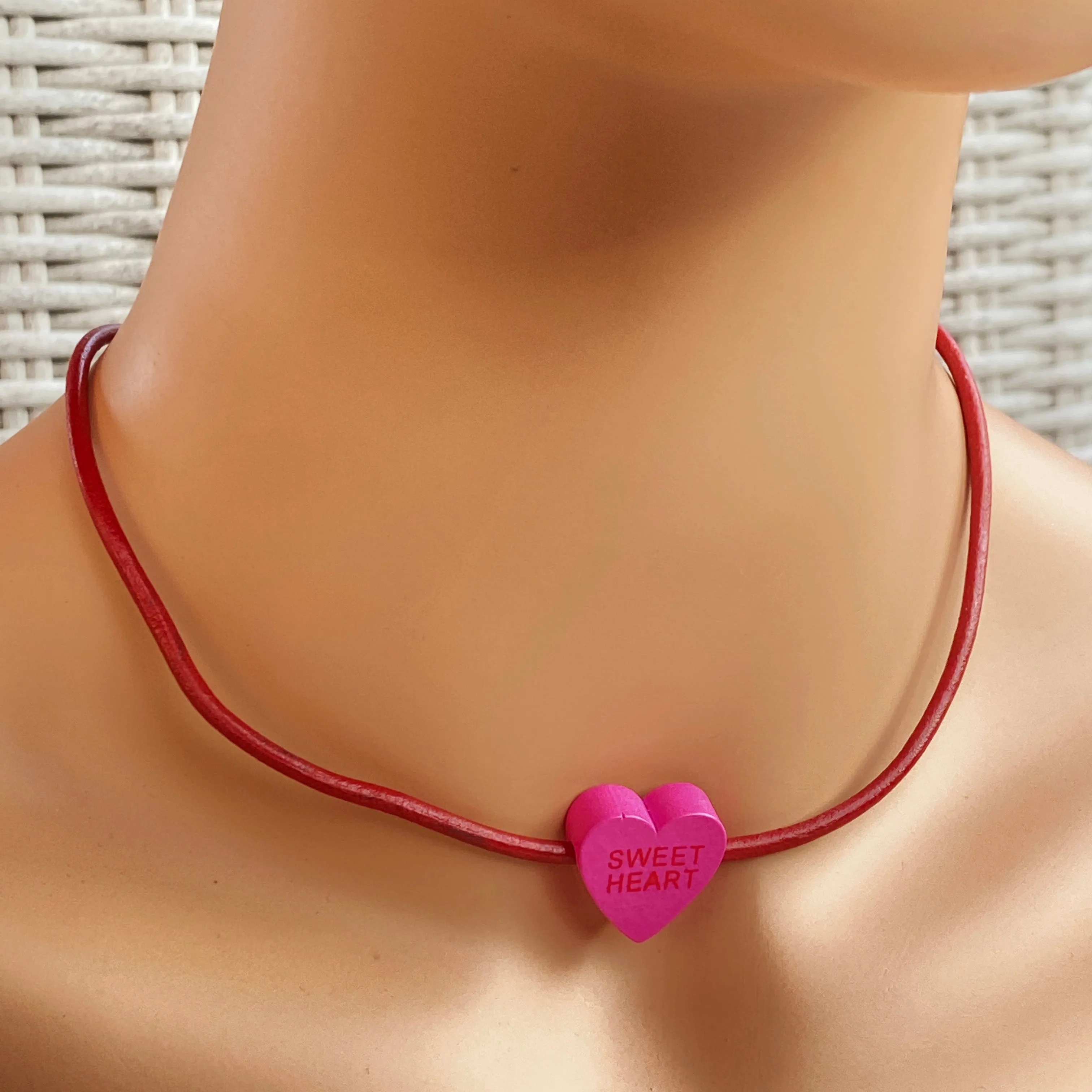 Candy Heart Valentine's Phrase Leather Necklace