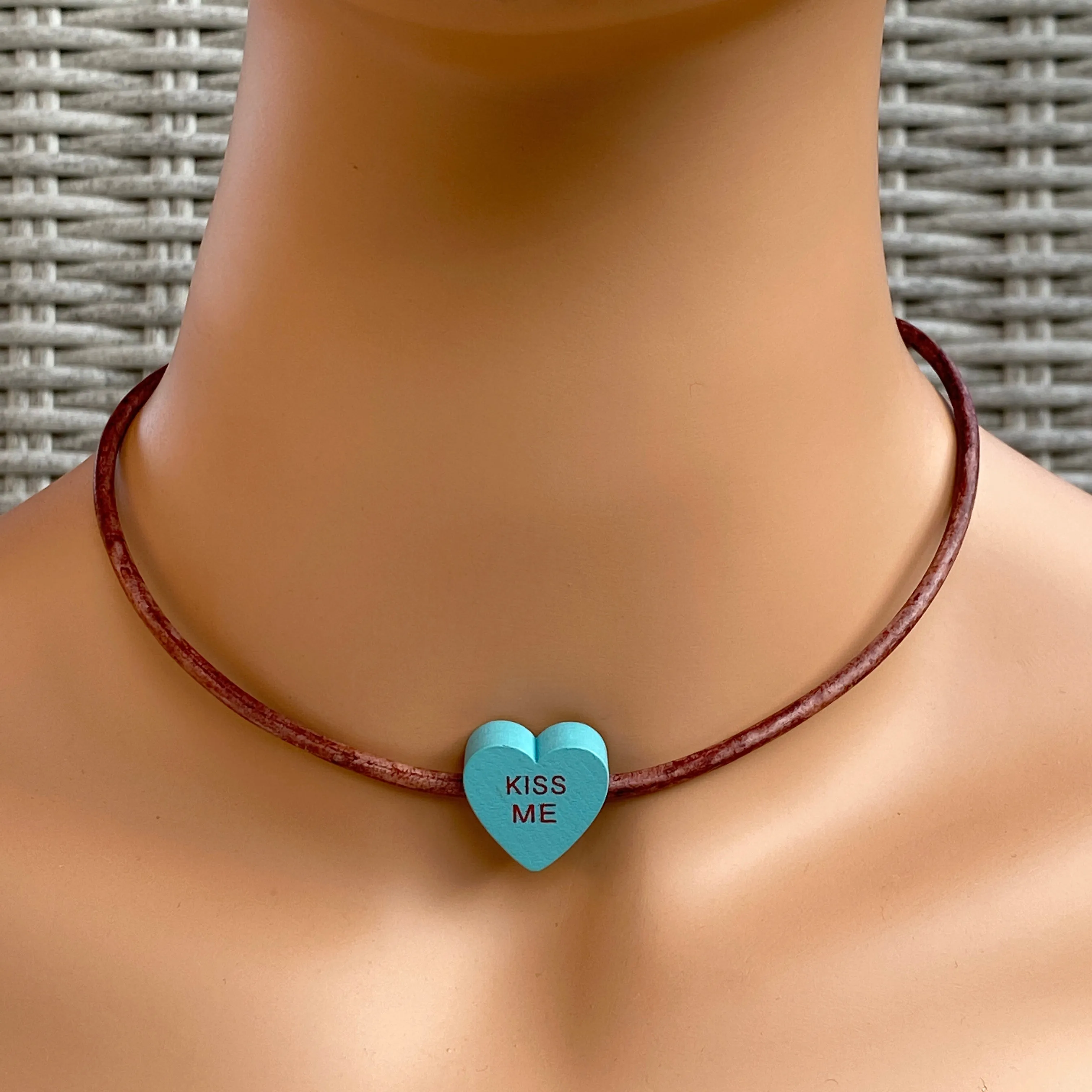 Candy Heart Valentine's Phrase Leather Necklace