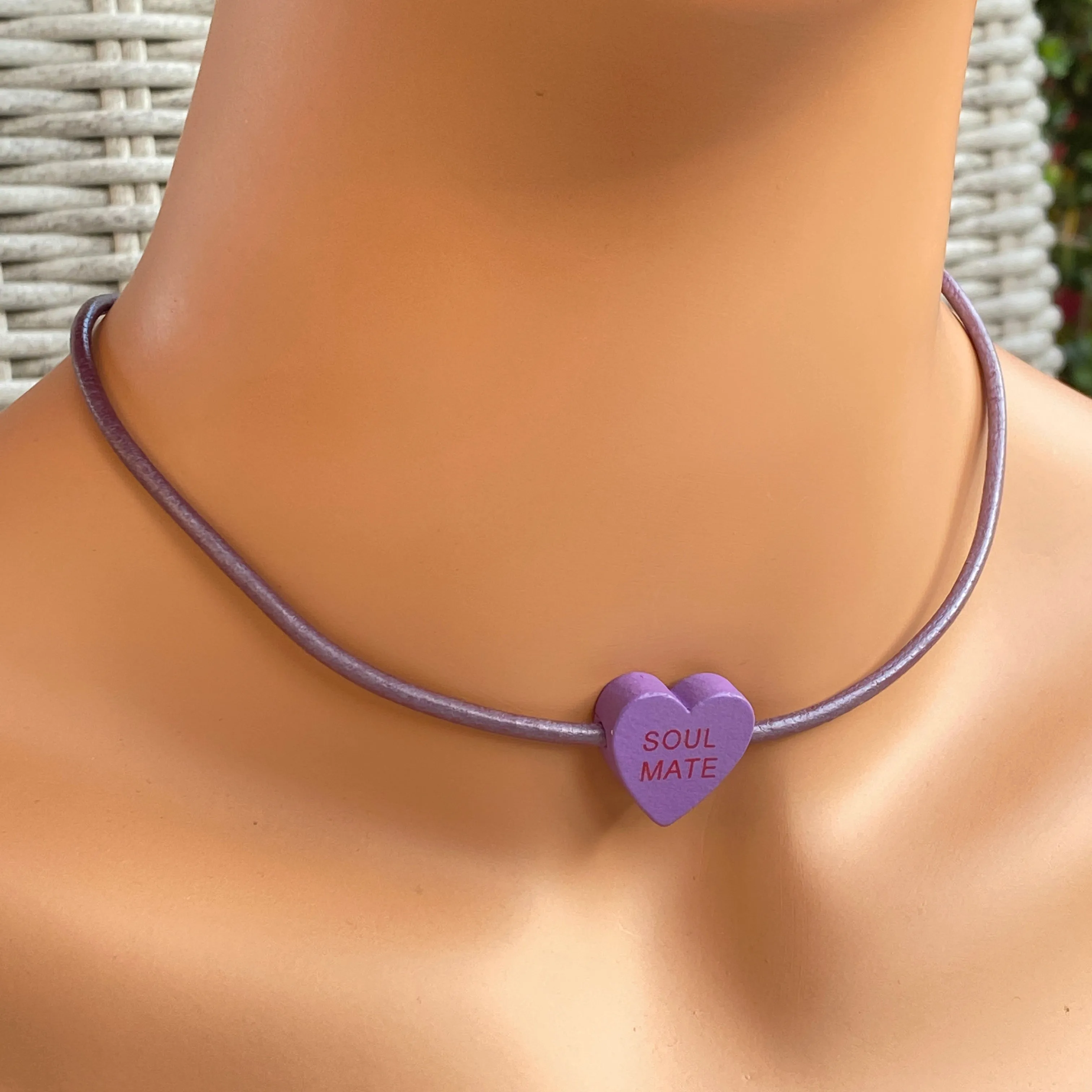 Candy Heart Valentine's Phrase Leather Necklace