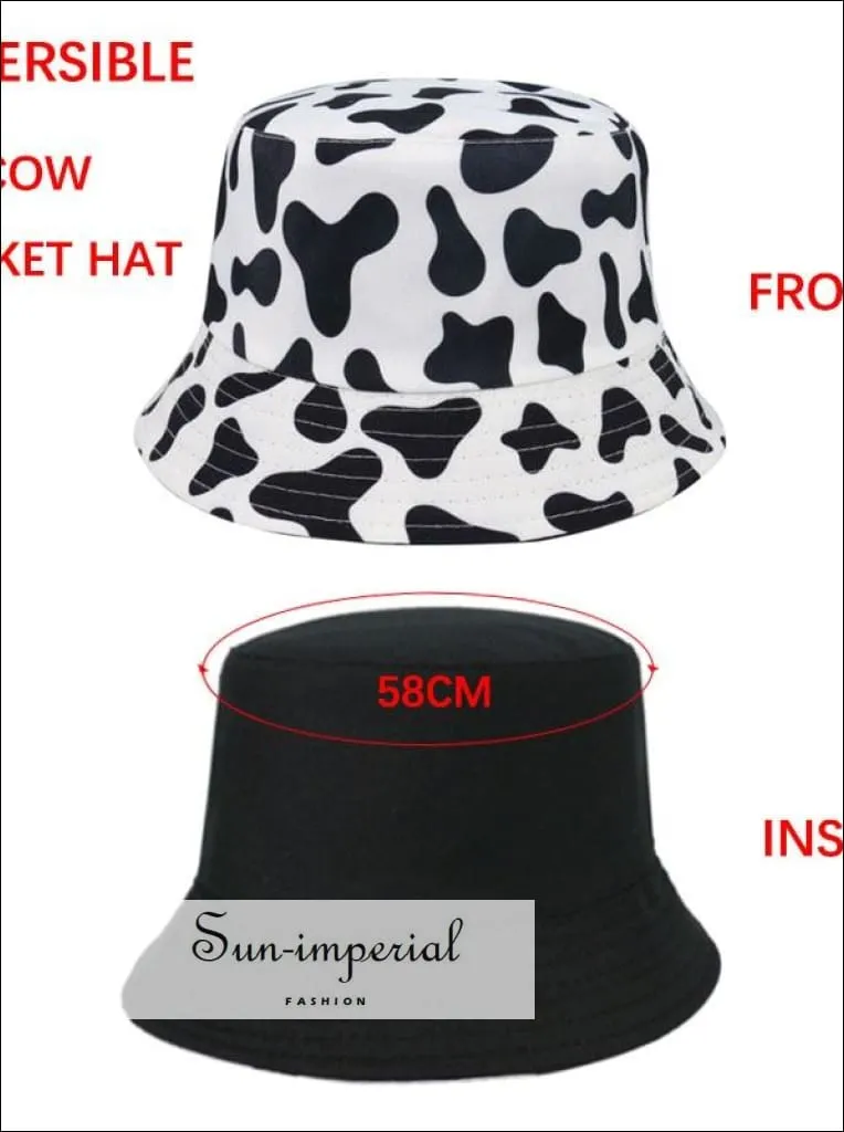 Cherry Print Reversible Black White Cow Pattern Women Bucket Hat