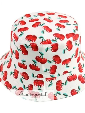 Cherry Print Reversible Black White Cow Pattern Women Bucket Hat