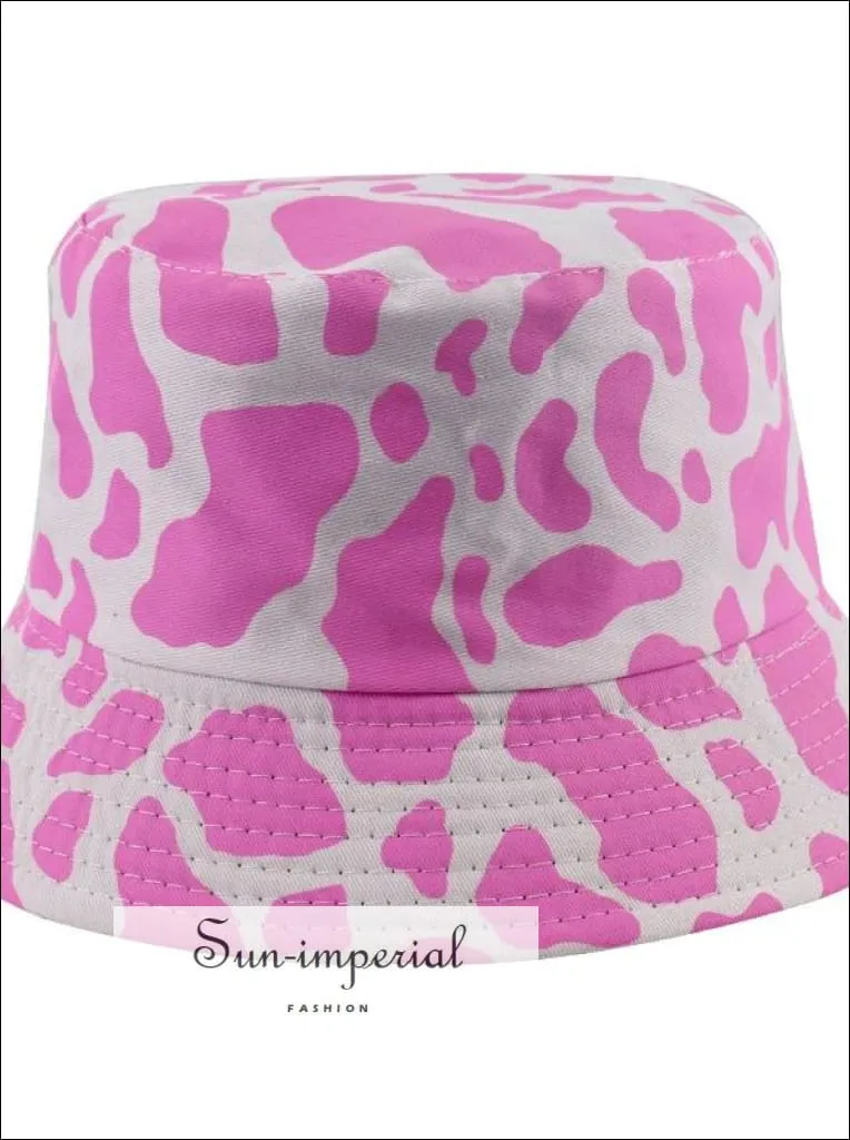 Cherry Print Reversible Black White Cow Pattern Women Bucket Hat