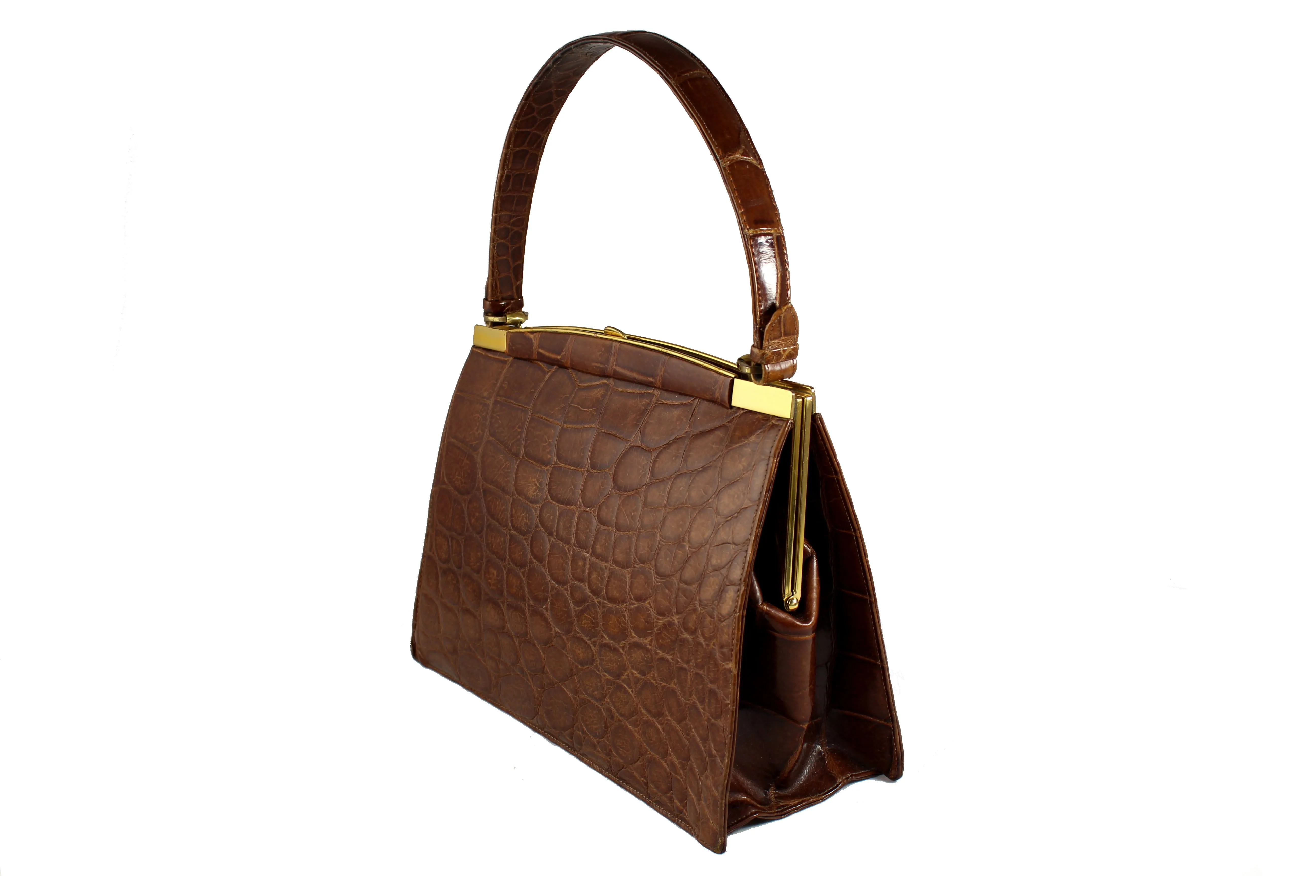 COMTESSE noisette color crocodile skin frame handbag