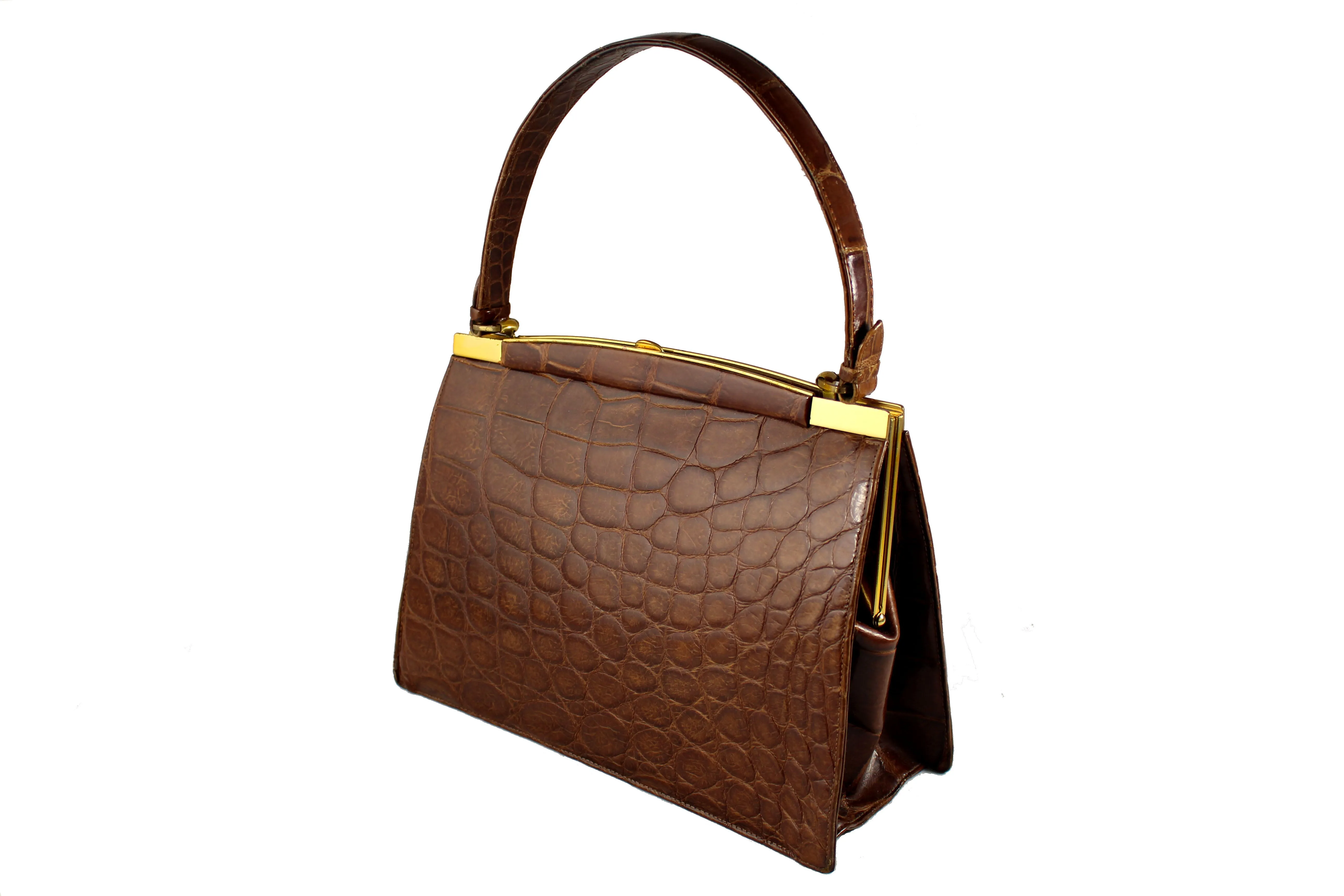 COMTESSE noisette color crocodile skin frame handbag