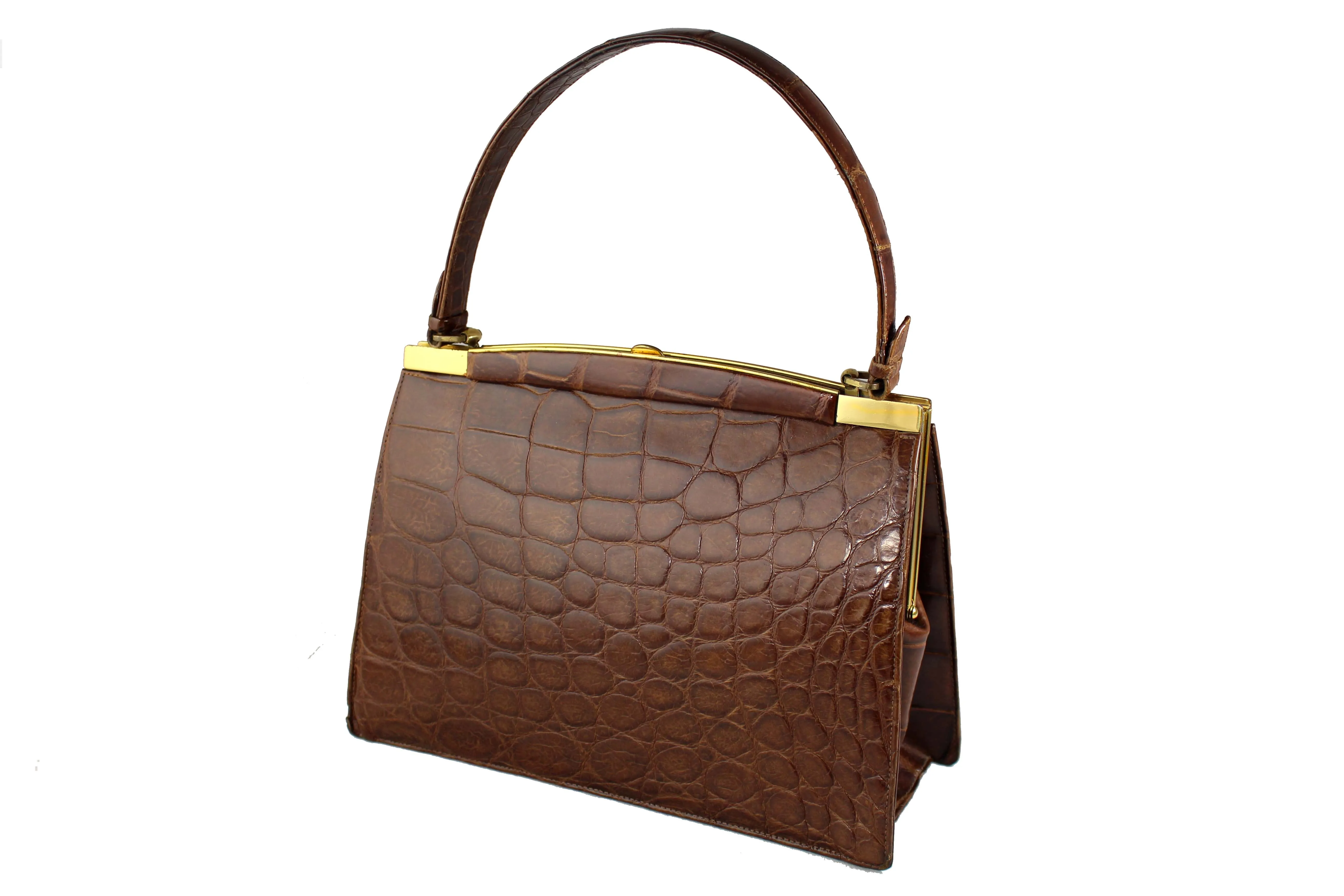 COMTESSE noisette color crocodile skin frame handbag