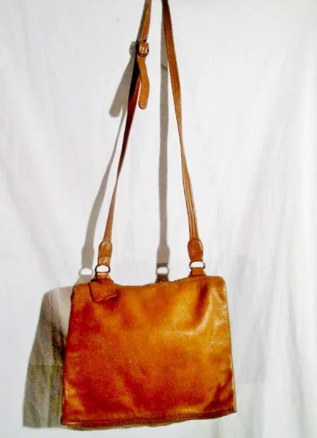 D'AMIGO leather hobo crossbody shoulder flap bag purse COGNAC BROWN boho hippie