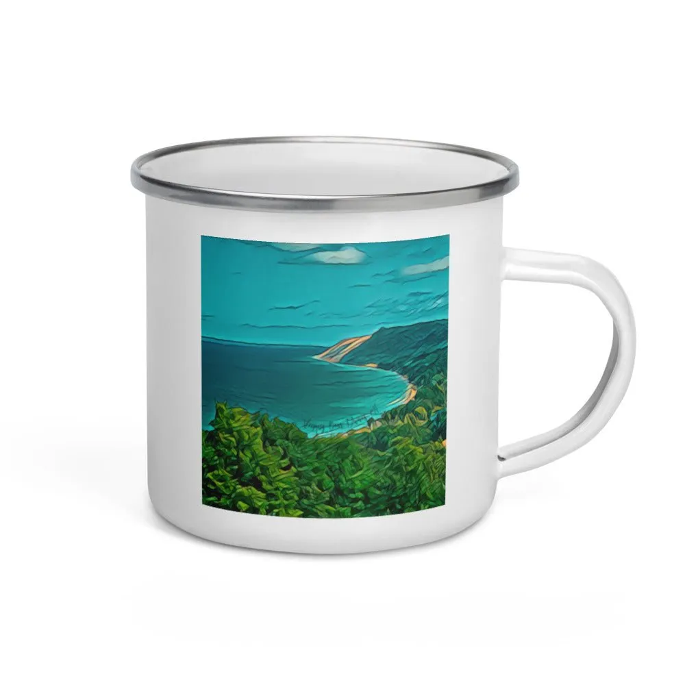 Enamel Mug with Custom Artwork of Sleeping Bear Dunes in Michigan. Perfect Lightweight Camping Cup.