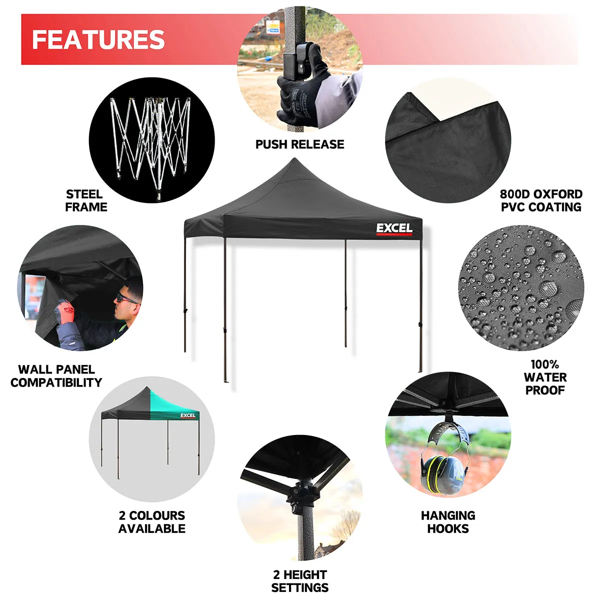 Excel Steel Gazebo 3m x 3m Black Heavy Duty Waterproof with Wheel Bag