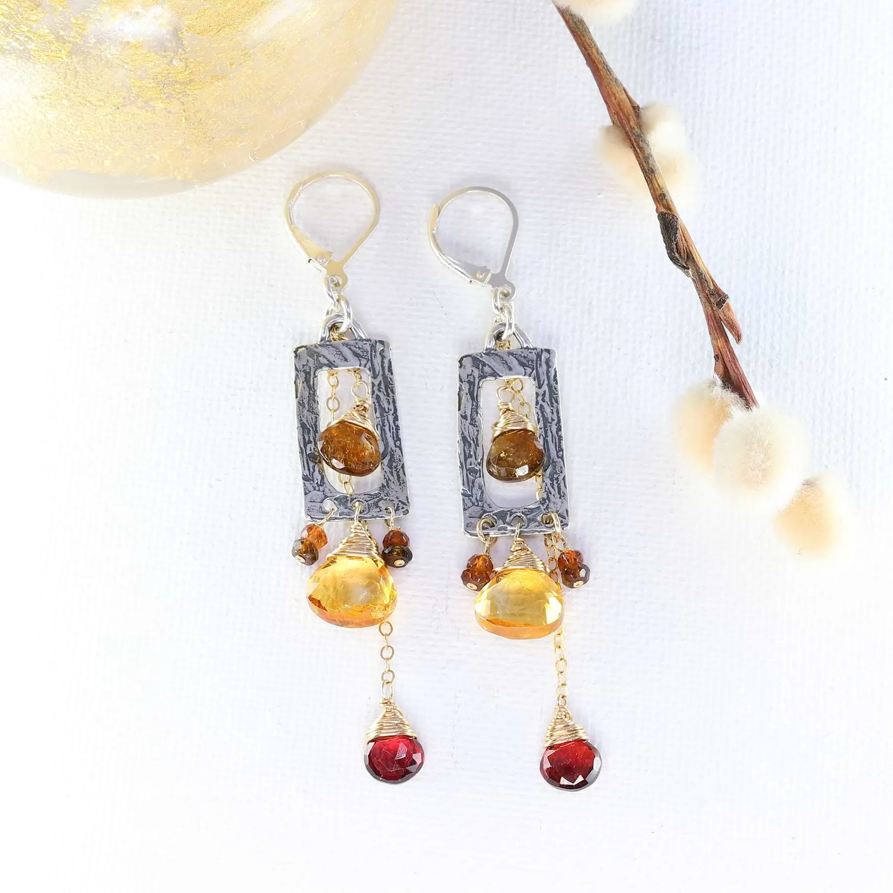 Fireplace - Citrine and Garnet Hammered Silver Frame Earrings