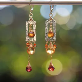 Fireplace - Citrine and Garnet Hammered Silver Frame Earrings