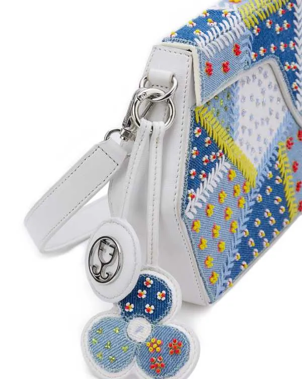 GEO Shoulder Bag Leather : Denim Patchwork (With Beads Embroidery)