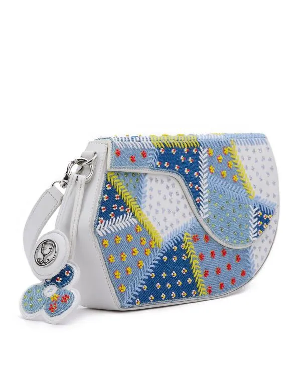 GEO Shoulder Bag Leather : Denim Patchwork (With Beads Embroidery)