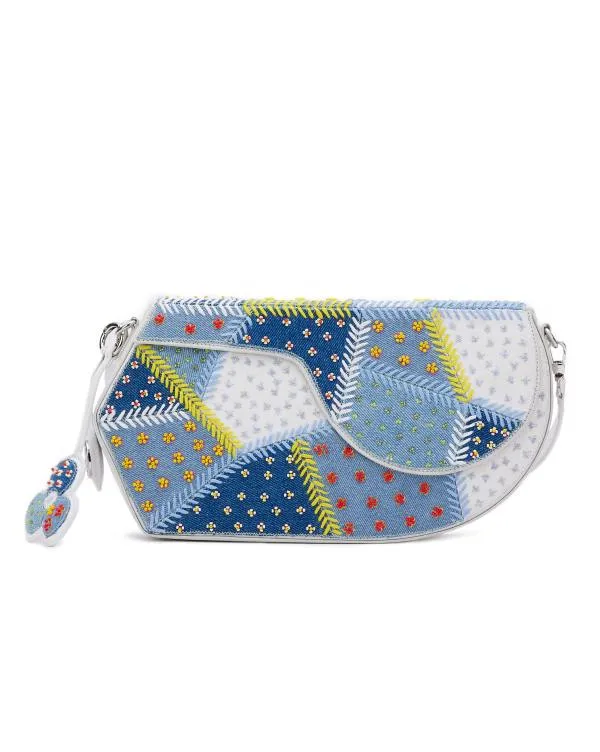 GEO Shoulder Bag Leather : Denim Patchwork (With Beads Embroidery)