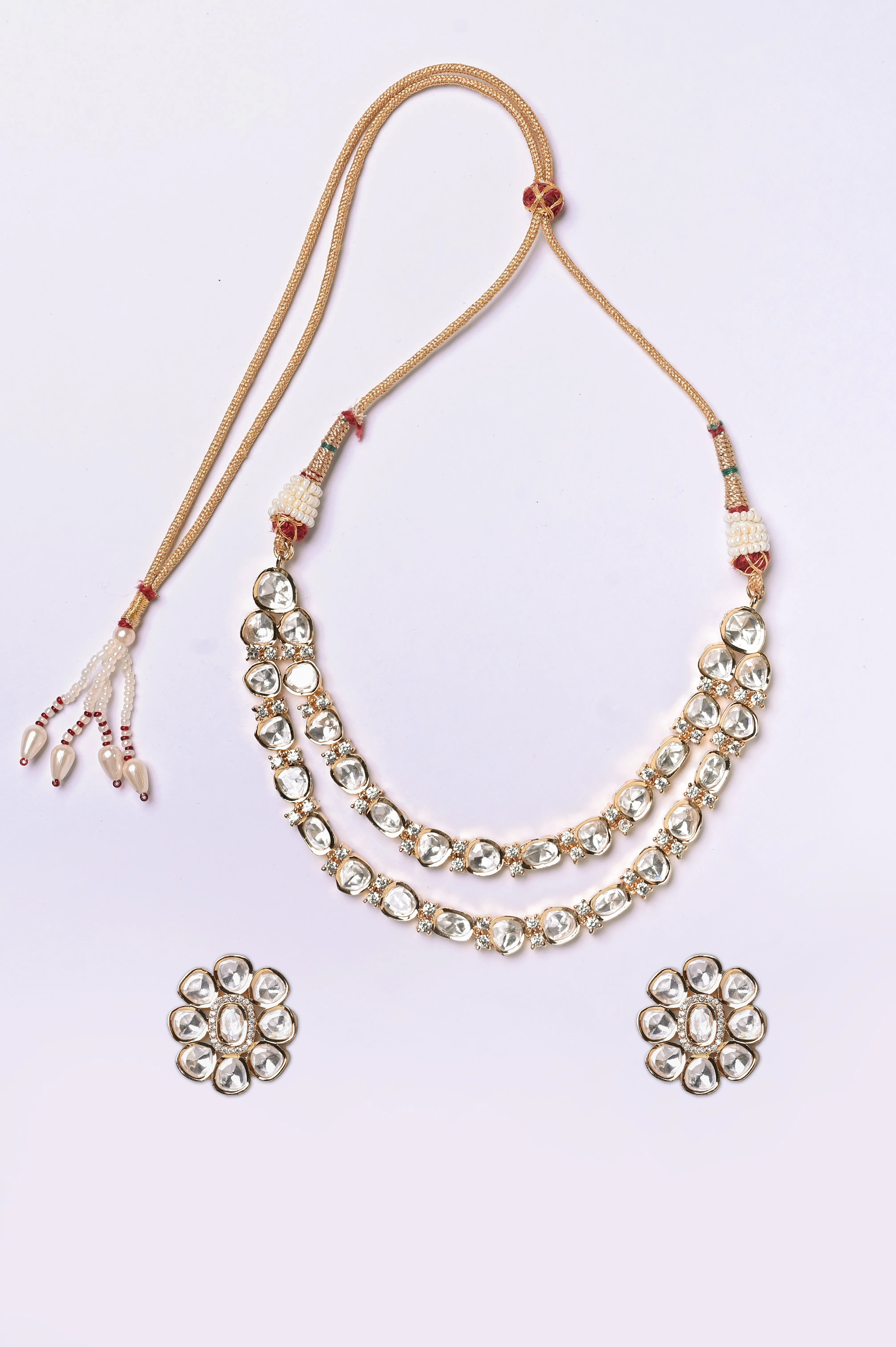 Gold Plated Brass Metal Double Layer Collar Necklace Set with Kundan and AD Stone