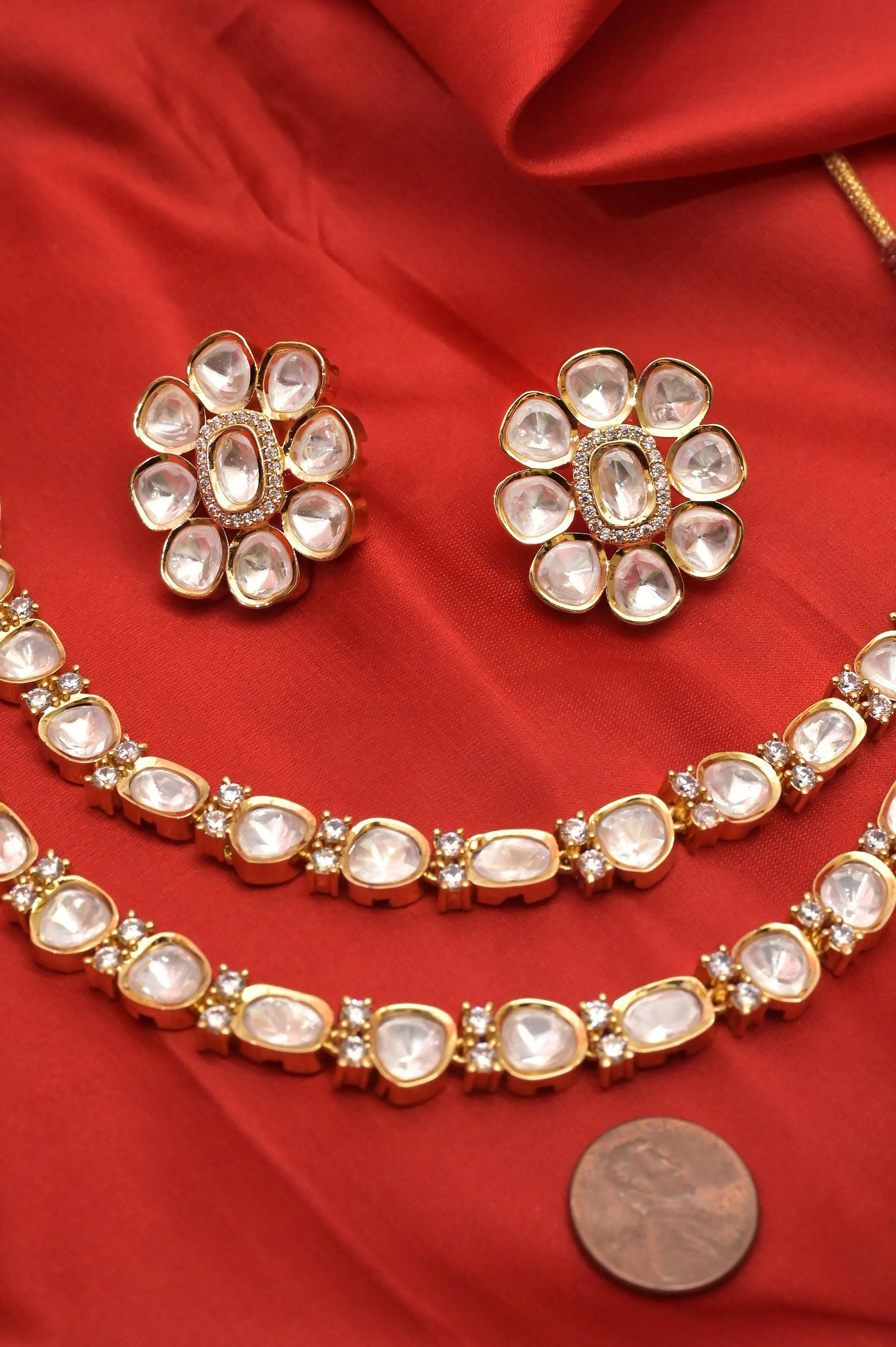 Gold Plated Brass Metal Double Layer Collar Necklace Set with Kundan and AD Stone