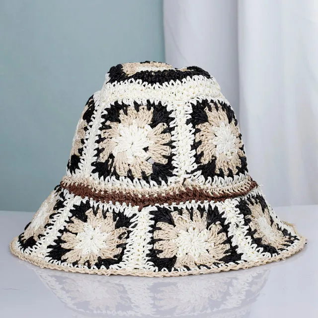 Granny Squares Bucket Hat "Summer Of Love" Available In Six Different Colors Boho Raffia Straw Hat Keeps The Sun's Rays Off Of Your Face To Keep A Youthful Look Without Chemical Sunscreens