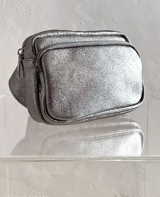 Metallic Silver Cross Body Leather Bag Made In Italy