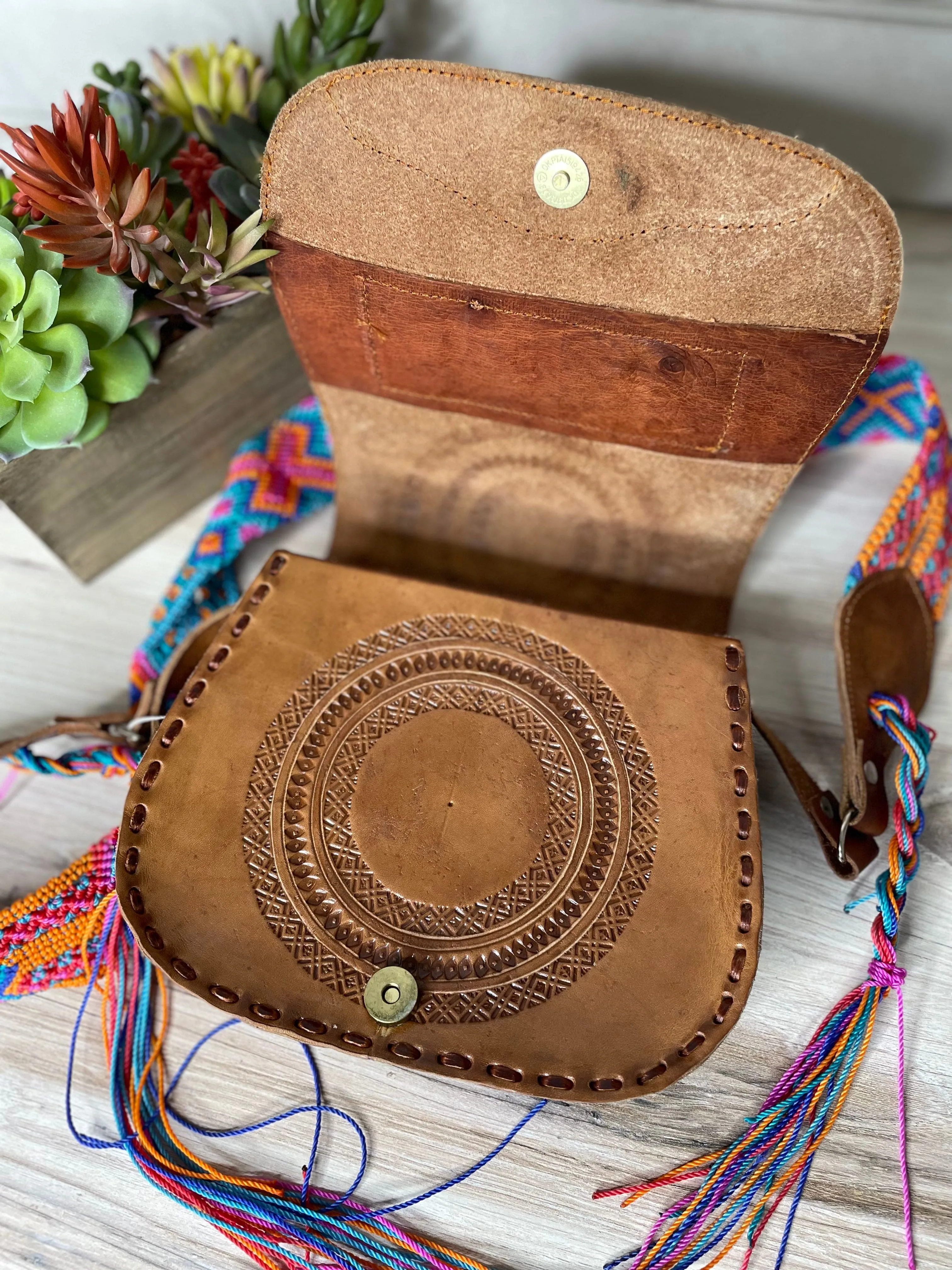 Mexican Leather Crossbody Saddle Bag - Hand Tooled