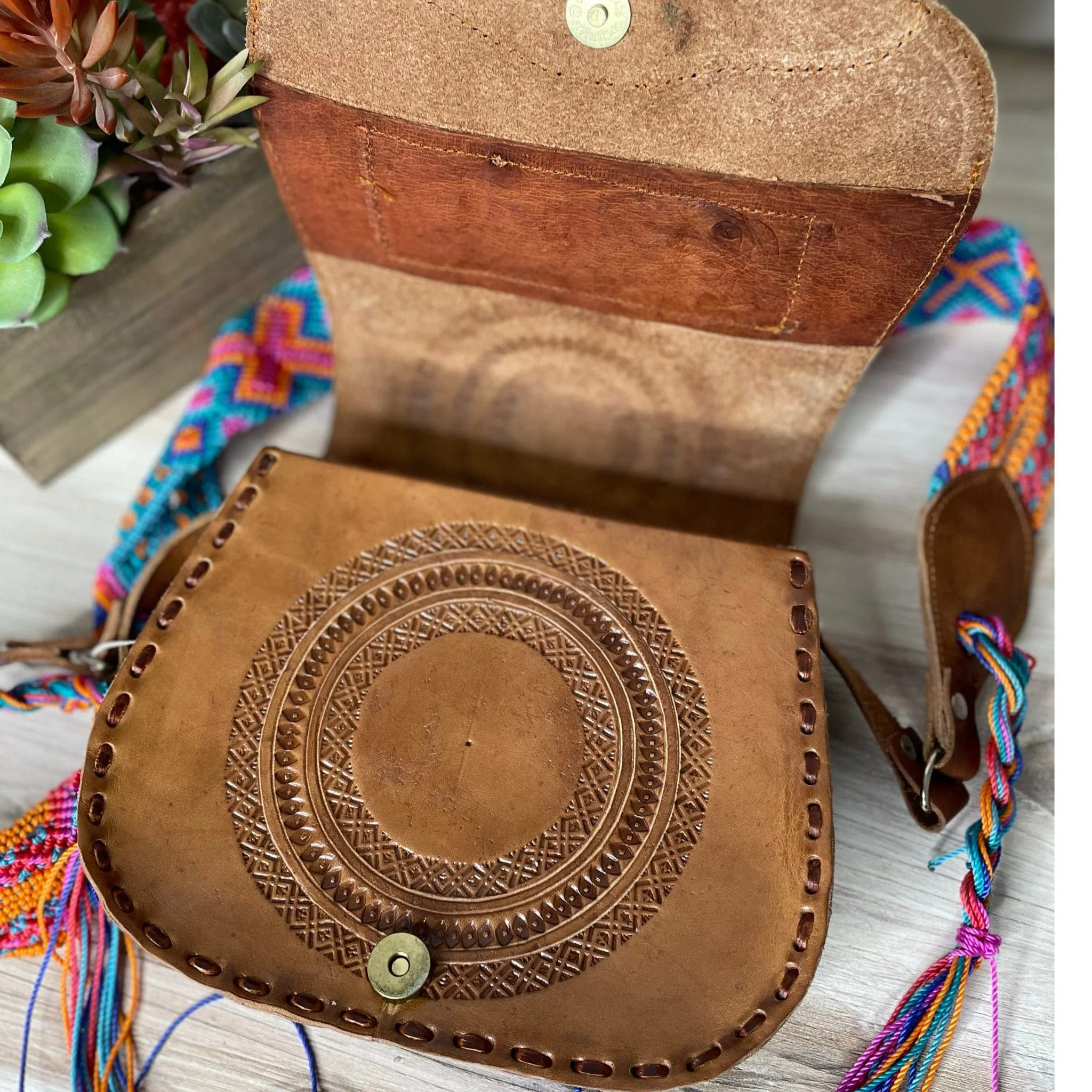 Mexican Leather Crossbody Saddle Bag - Hand Tooled