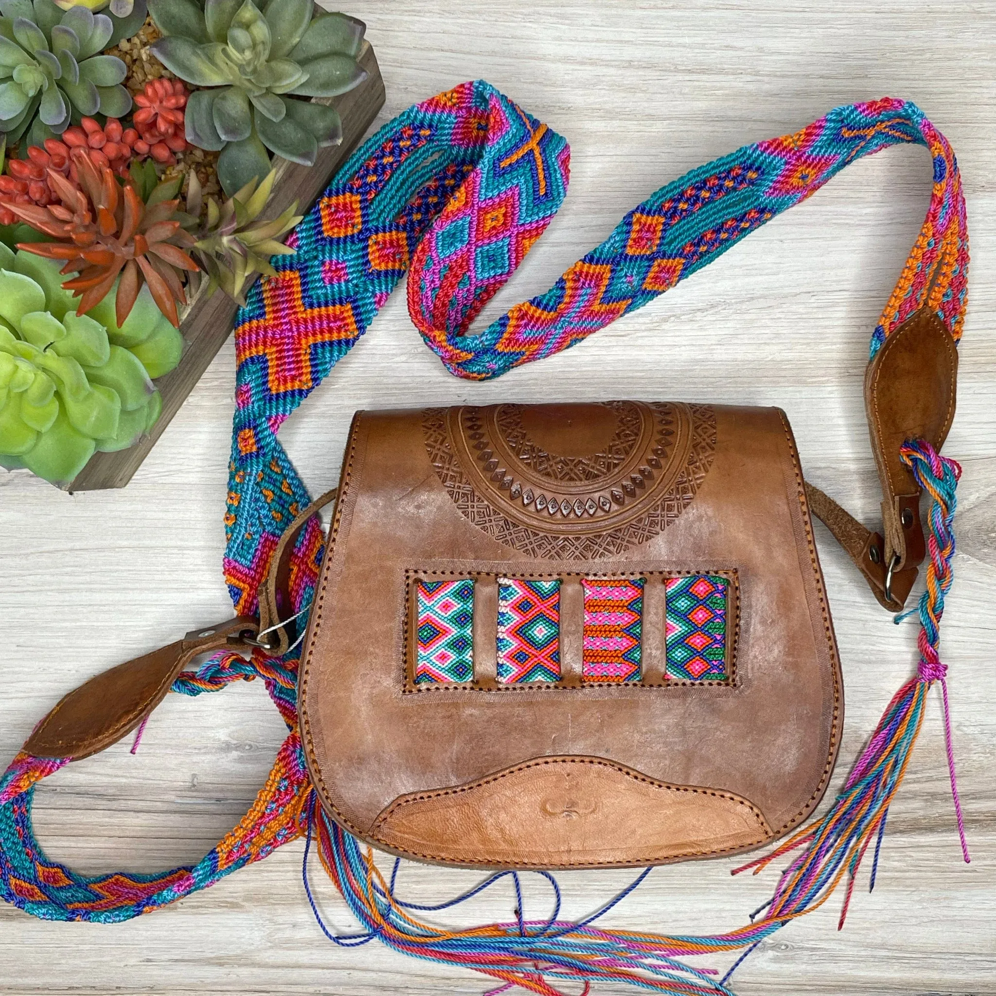 Mexican Leather Crossbody Saddle Bag - Hand Tooled